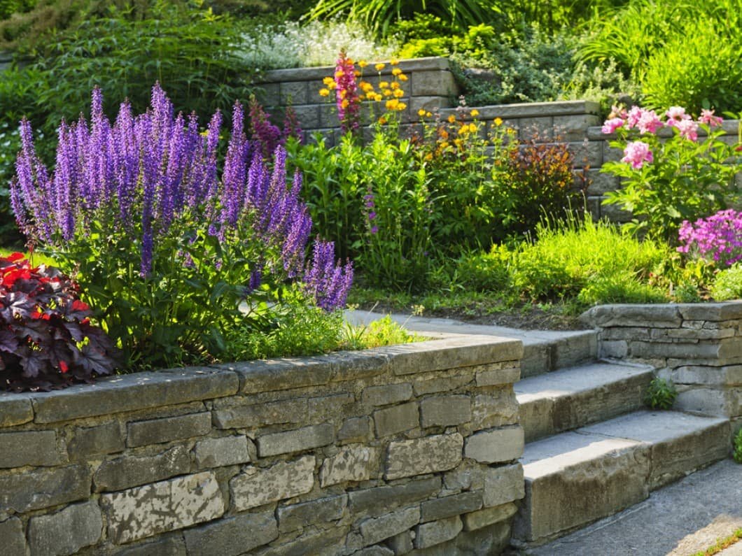 Ornamental Garden with brick wall and stone steps 